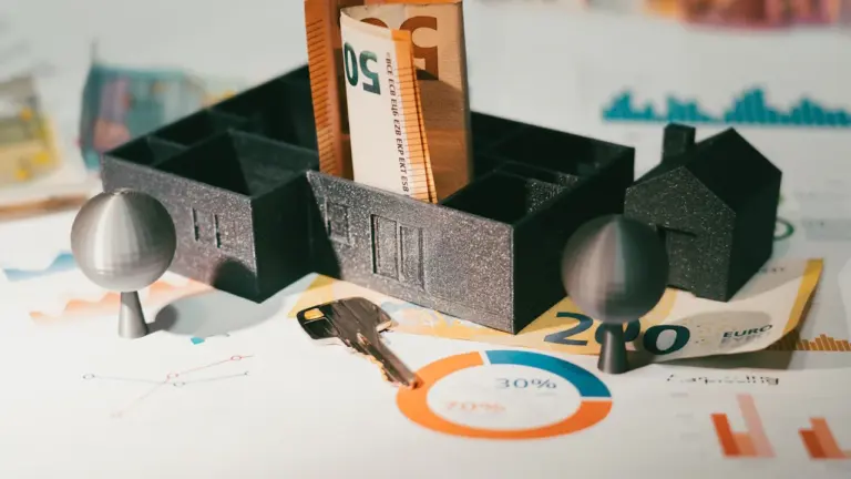 Model domu, klucze i banknoty euro na stole jako symbol finansów nieruchomości.