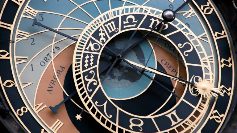 Złota tarcza praskiego zegara astronomicznego z widocznymi symbolami znaków zodiaku na tarczy.