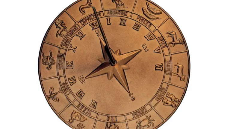 Złota tarcza z symbolami zodiaku przypominająca zegar słoneczny na białym tle