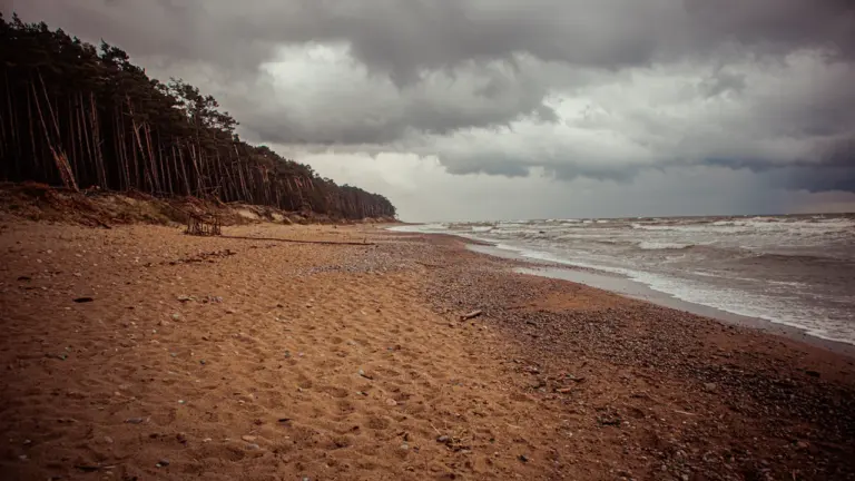 Piaszczysta plaża nad Bałtykiem w pochmurny, jesienny dzień, idealna na weekendowe wyjazdy.